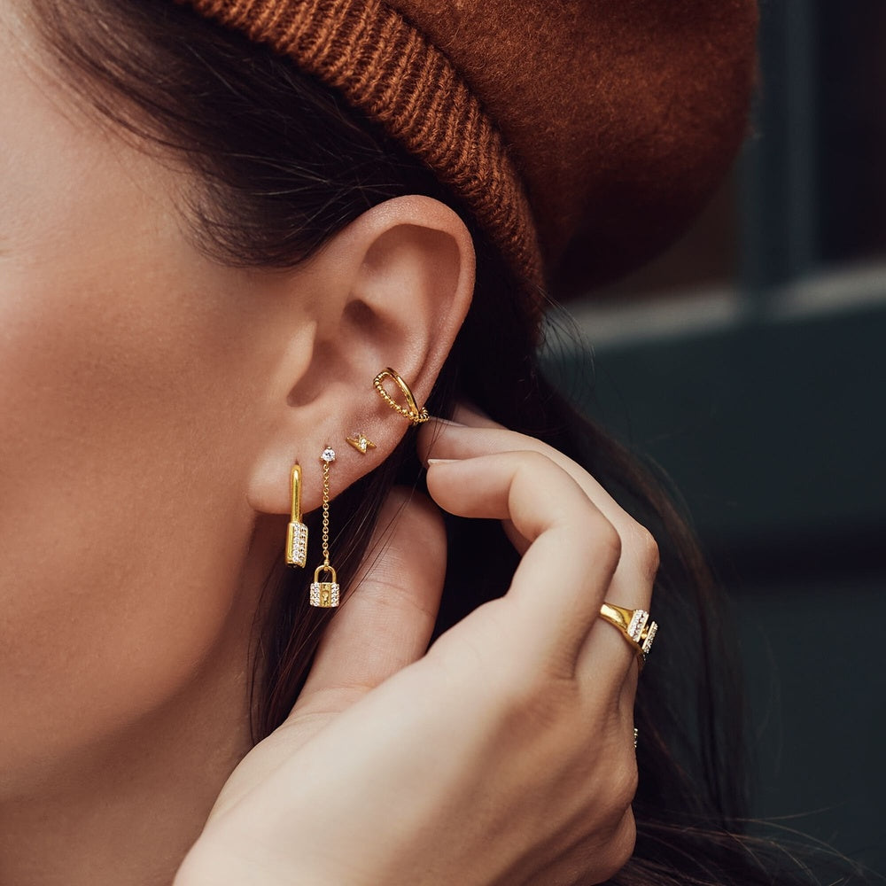 18CT GOLD ON SILVER ZIRCONIA LOCK DROP EARRINGS