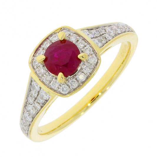 18CT GOLD RUBY & DIAMOND RING WITH PAVE SET DIAMONDS (0.35CT) AROUND RUBY & ON SHOULDERS   