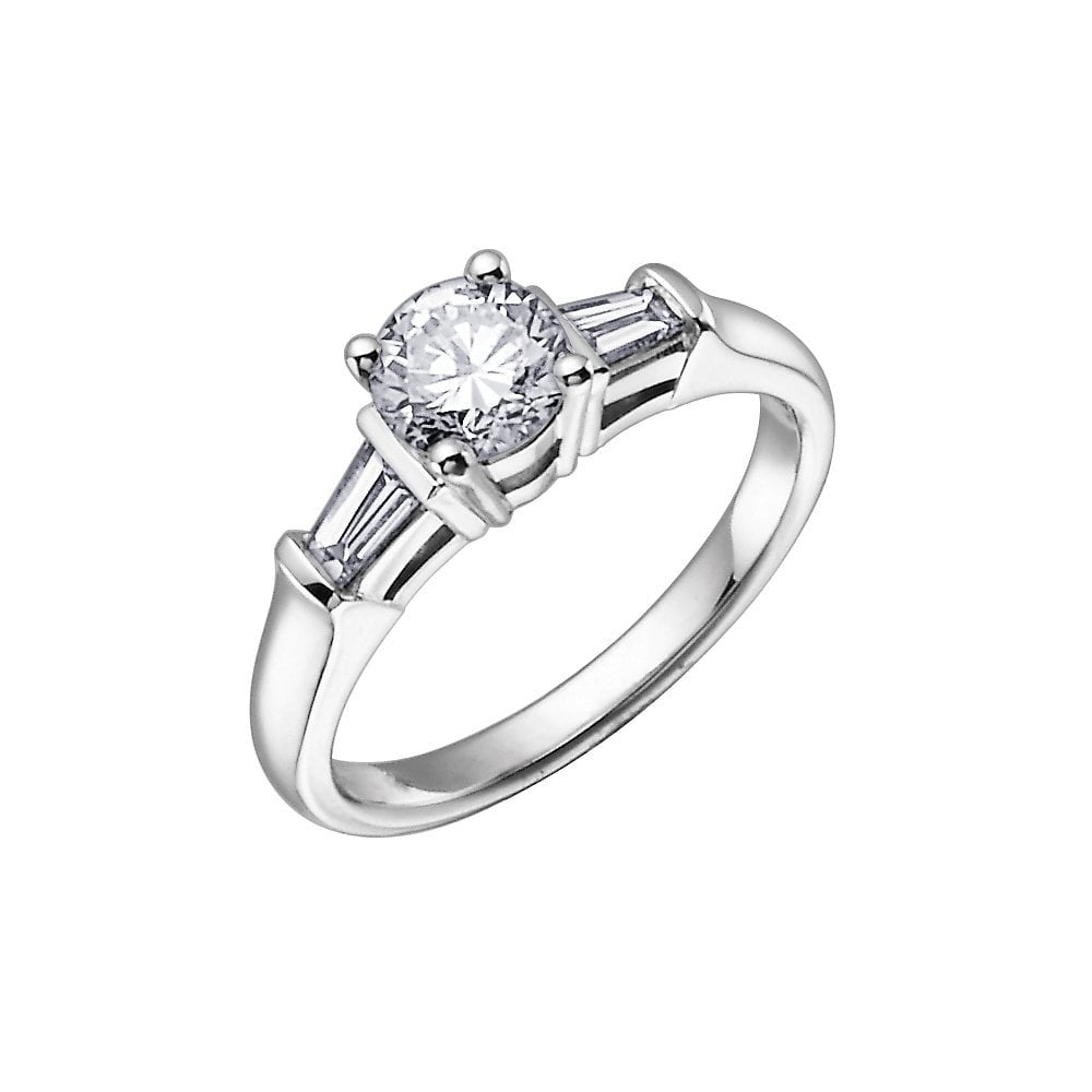 18CT WHITE GOLD 3 STONE DIAMOND RING WITH BRILLIANT CUT CENTRE DIAMOND & EMERALD CUT BAGUETTE DIAMONDS