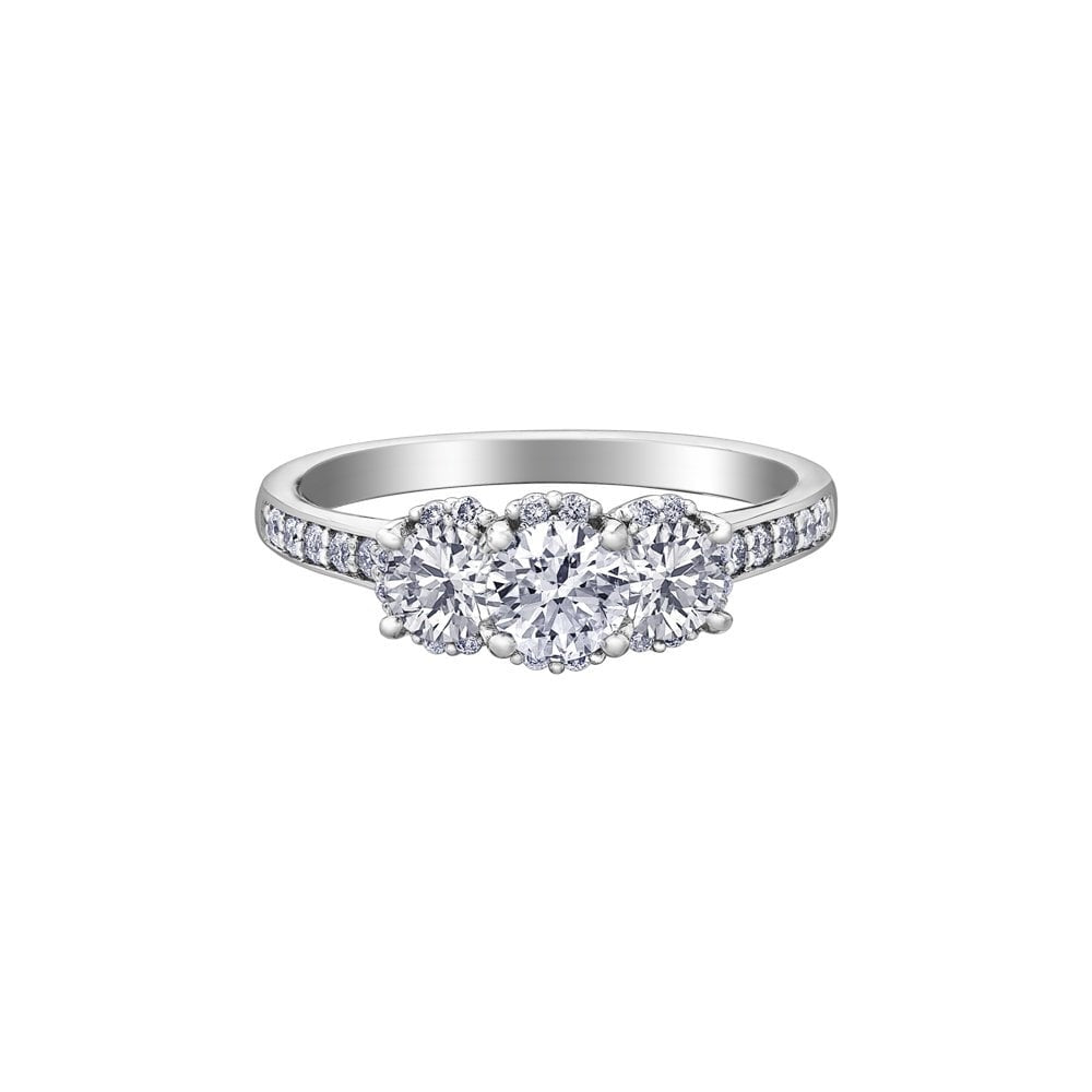 18CT WHITE GOLD 3 STONE DIAMOND RING WITH DIAMOND SHOULDER