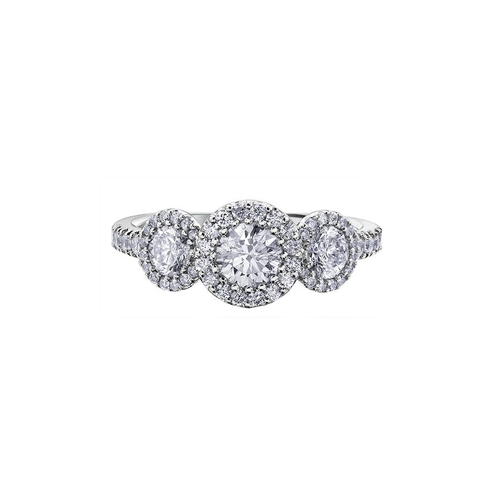 18CT WHITE GOLD 3 STONE HALO DIAMOND RING