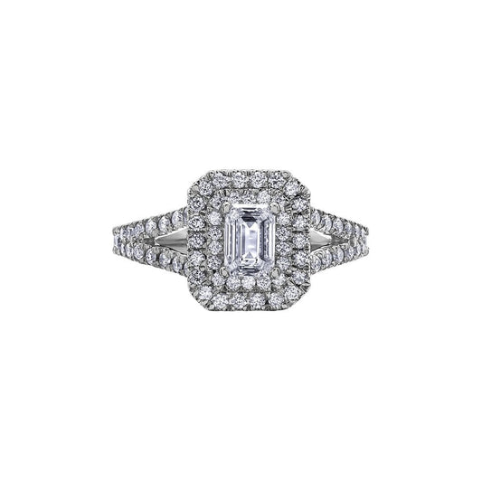 18CT WHITE GOLD EMERALD CUT DIAMOND DOUBLE HALO STYLE RING