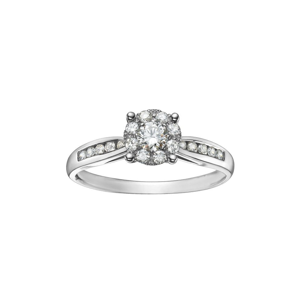 18CT WHITE GOLD ILLUSION SET DIAMOND RING WITH DIAMONDS ON THE SHOULDERS