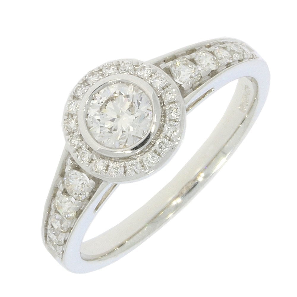 18CT WHITE GOLD RUBOVER STYLE DIAMOND HALO RING WITH DIAMOND SHOULDERS
