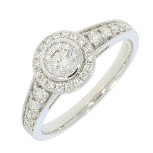 18CT WHITE GOLD RUBOVER STYLE DIAMOND HALO RING WITH DIAMOND SHOULDERS