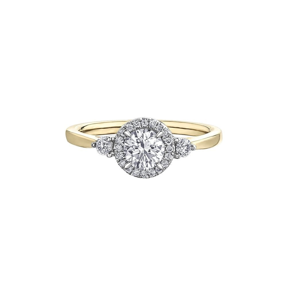 18ct Gold Brilliant cut Halo style Diamond with Diamond on either side of centre