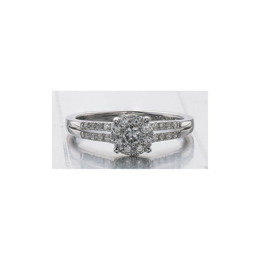 18ct Round Illusion set Solitaire Diamond ring with split Diamond shoulders