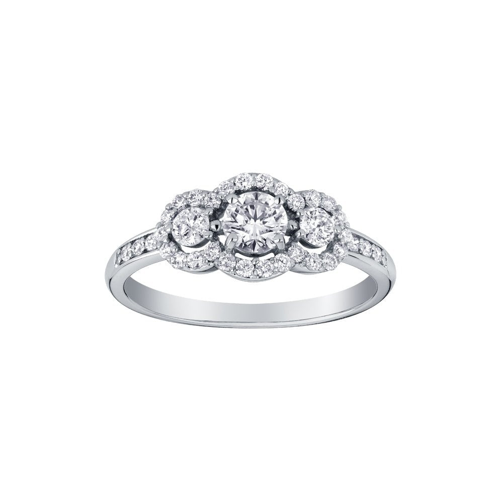 18ct WHITE GOLD ANTIQUE STYLE HALO THREE STONE DIAMOND RING 