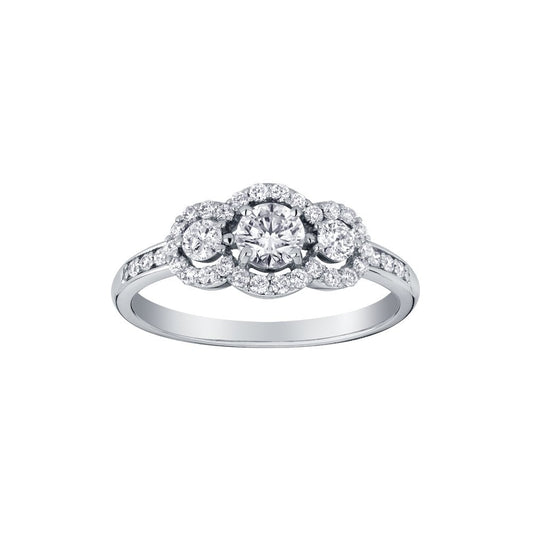 18ct WHITE GOLD ANTIQUE STYLE HALO THREE STONE DIAMOND RING 