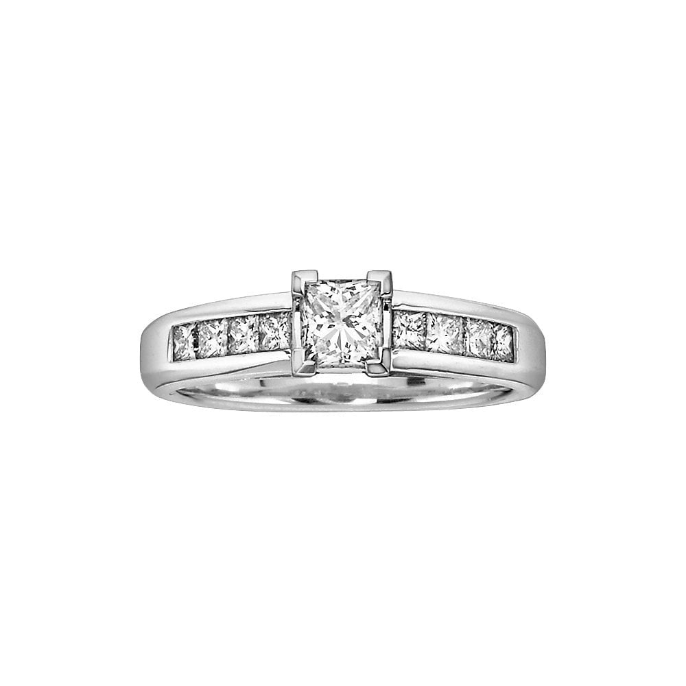 18ct WHITE GOLD PRINCESS CUT DIAMOND SOLITAIRE RING WITH PRINCESS CUT DIAMOND SHOULDER