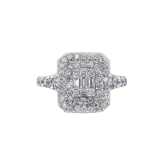 18ct White Gold Emerald cut double halo Diamond Ring with split Diamond shoulders