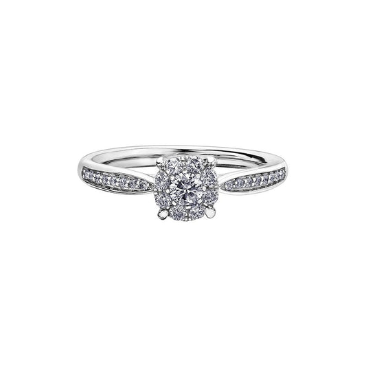 18ct White Gold Illusion set Diamond Solitaire ring with Diamond Shoulder