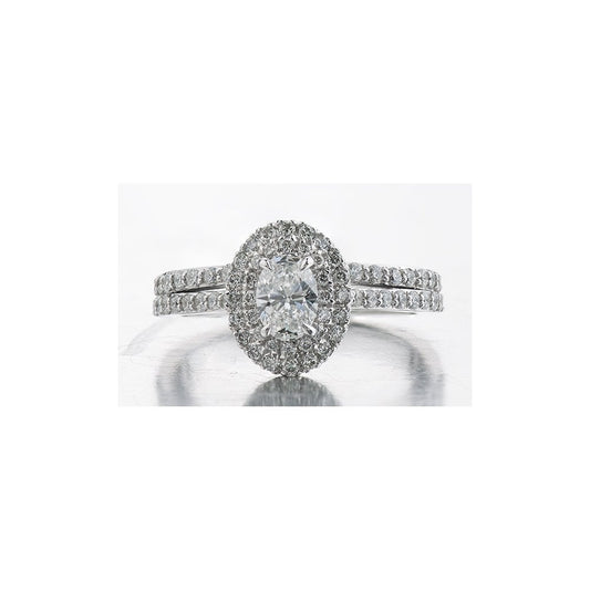 18ct White Gold Oval Halo Style Diamond Ring with Split Diamond Shoulder