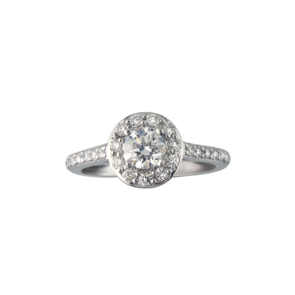 18ct White Gold halo  Diamond ring with Diamond shoulder