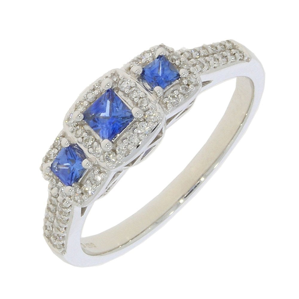 18ct White Gold princess cut Tanzanite Ring with 0.22ct Diamonds