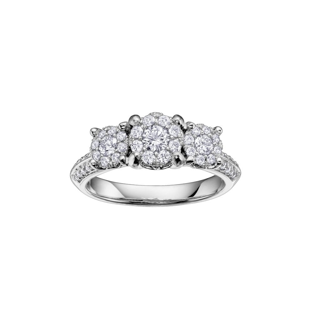 18ct White Gold three stone Illusion set Diamond ring with Diamond shoulders