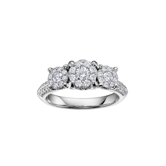 18ct White Gold three stone Illusion set Diamond ring with Diamond shoulders