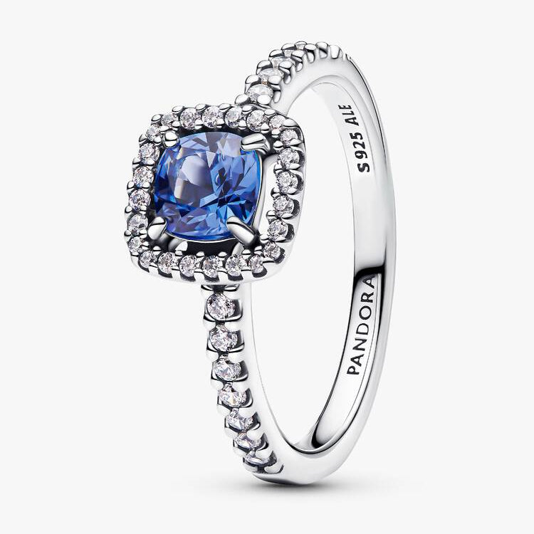 Sparkling Square Blue Halo Pandora Ring