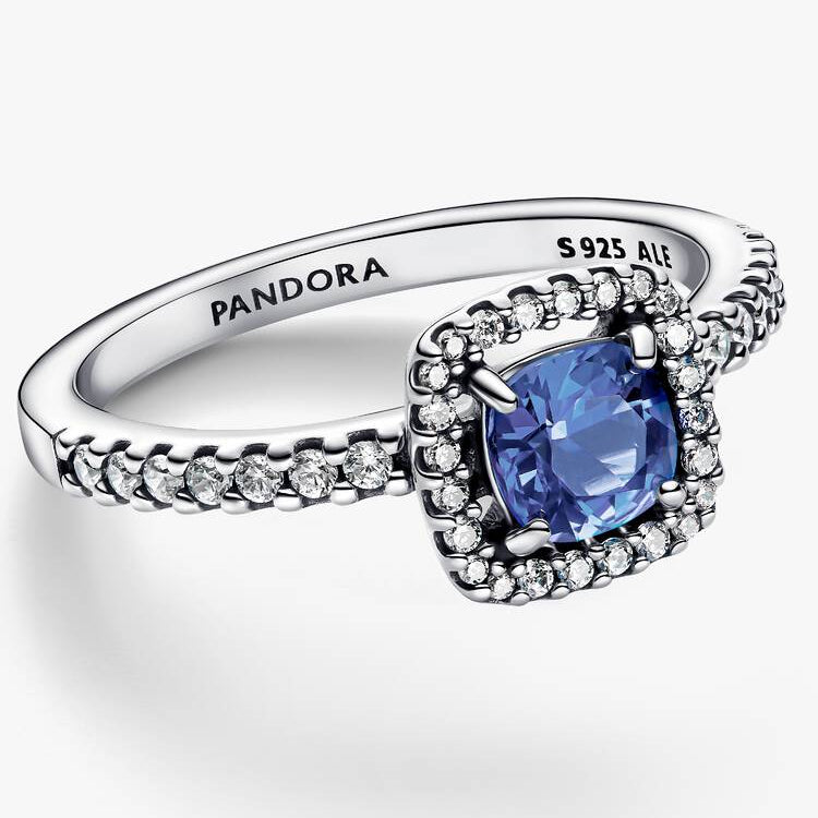 Sparkling Square Blue Halo Pandora Ring