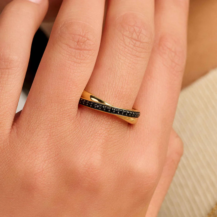 Tisento Black Zirconia Gold on Silver Cross-Over Ring