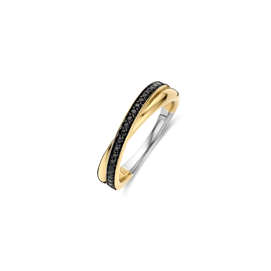 Tisento Black Zirconia Gold on Silver Cross-Over Ring
