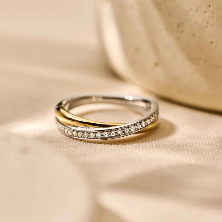 TISENTO TWO-TONED CZ CROSSOVER RING
