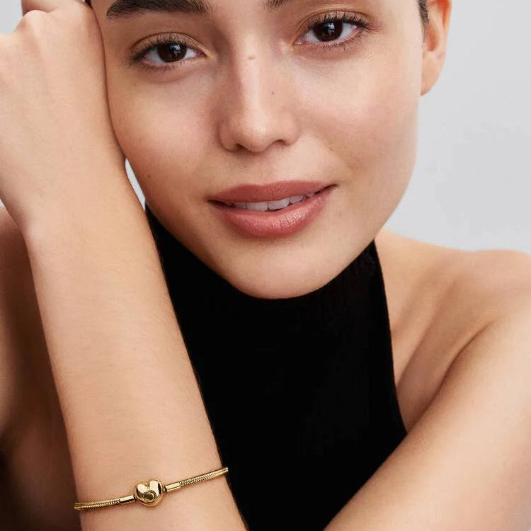 14ct Gold on Silver Pandora Moments Heart Clasp Snake Chain Bracelet
