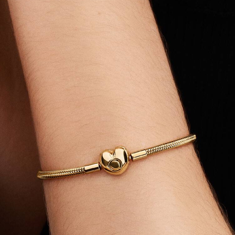 14ct Gold on Silver Pandora Moments Heart Clasp Snake Chain Bracelet