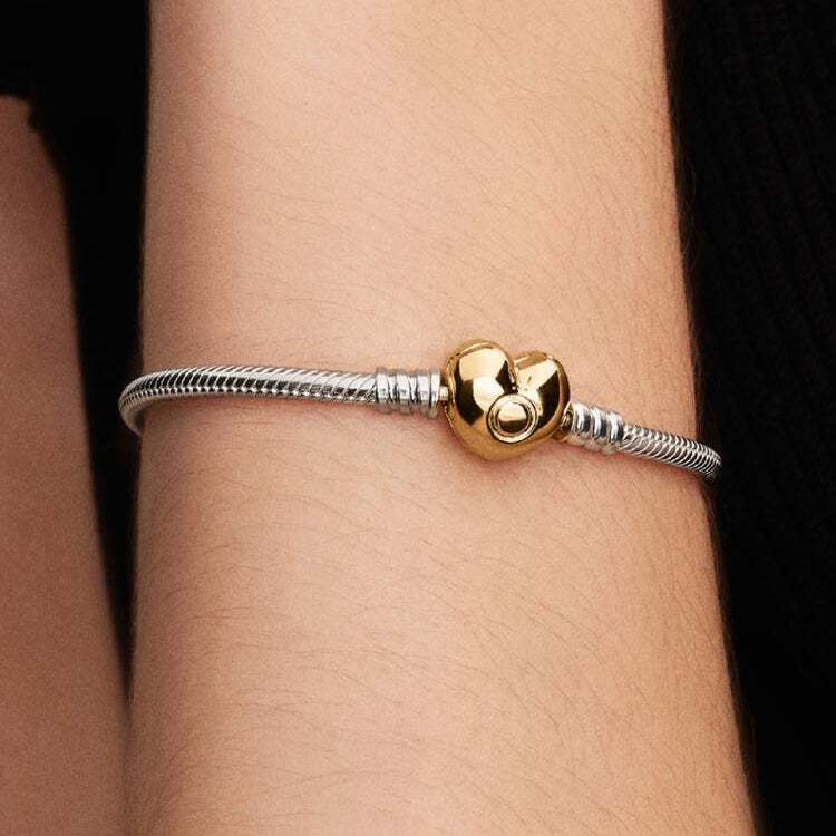 14ct Gold on Heart Clasp Silver Snake Chain Pandora Bracelet