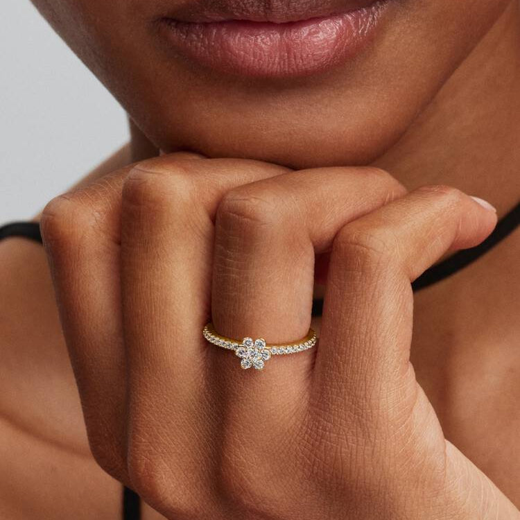 14ct Gold on Silver Sparkling Flower Pandora Ring