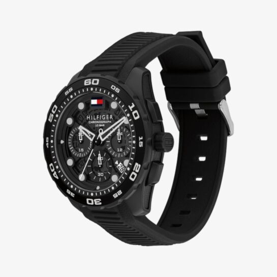 TOMMY HILFIGER BLACK CHRONO GENTS BLACK SILICONE WATCH