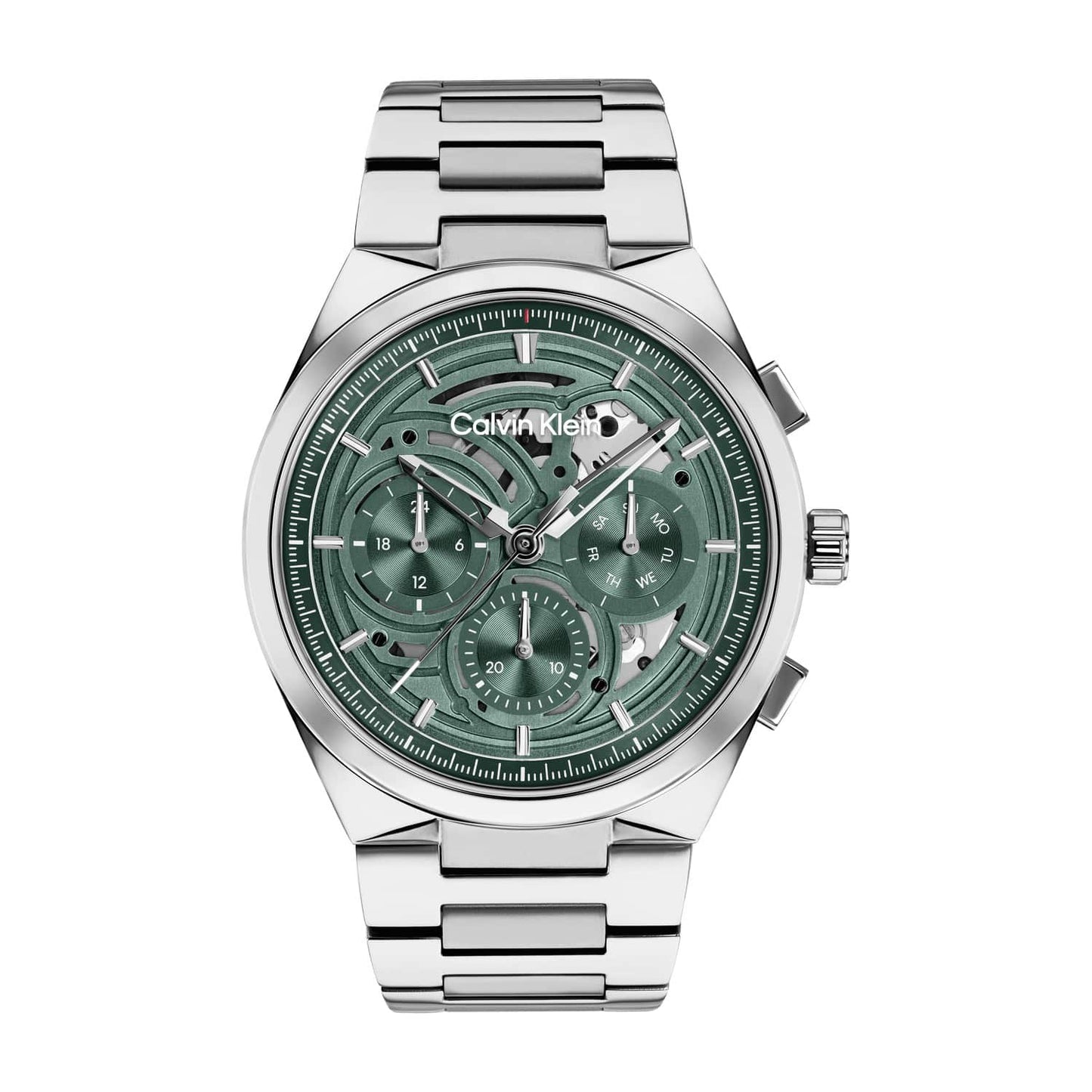 Calvin Klein Distinguish Skeleton Green Dial Gents Stainless Steel Watch