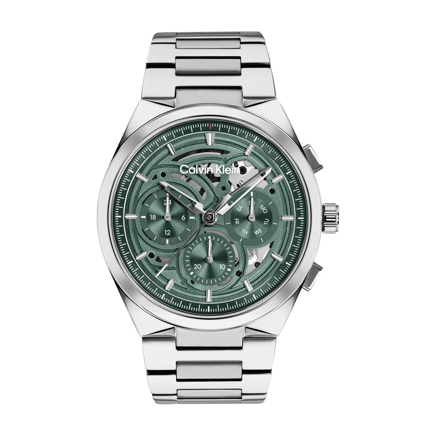 Calvin Klein Distinguish Skeleton Green Dial Gents Stainless Steel Watch