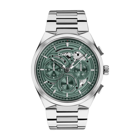 Calvin Klein Distinguish Skeleton Green Dial Gents Stainless Steel Watch