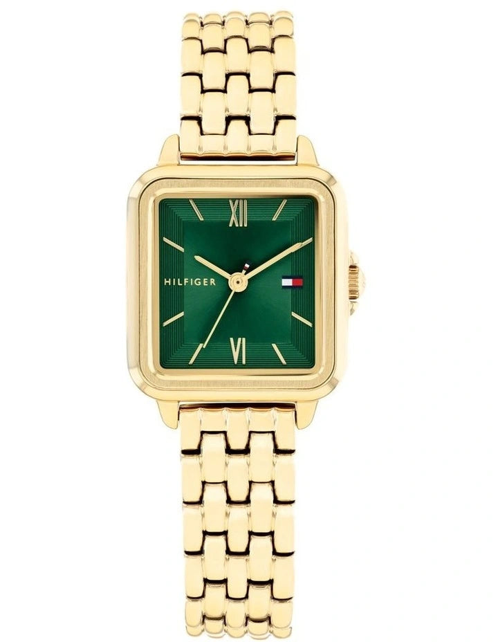 TOMMY HILFIGER GREEN SQUARE DIAL LADIES GOLD STAINLESS STEEL WATCH