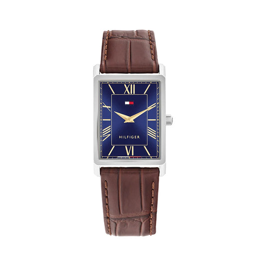 Tommy Hilfiger Rectangular Blue Dial Gents Brown Leather Watch