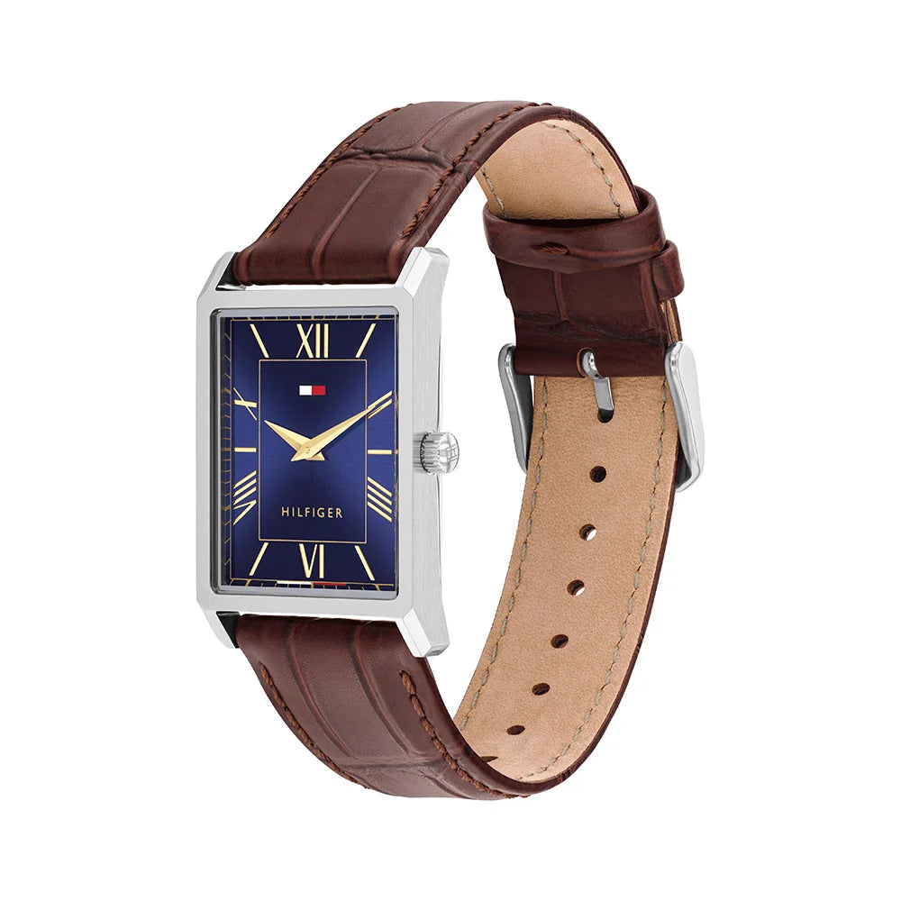 Tommy Hilfiger Rectangular Blue Dial Gents Brown Leather Watch