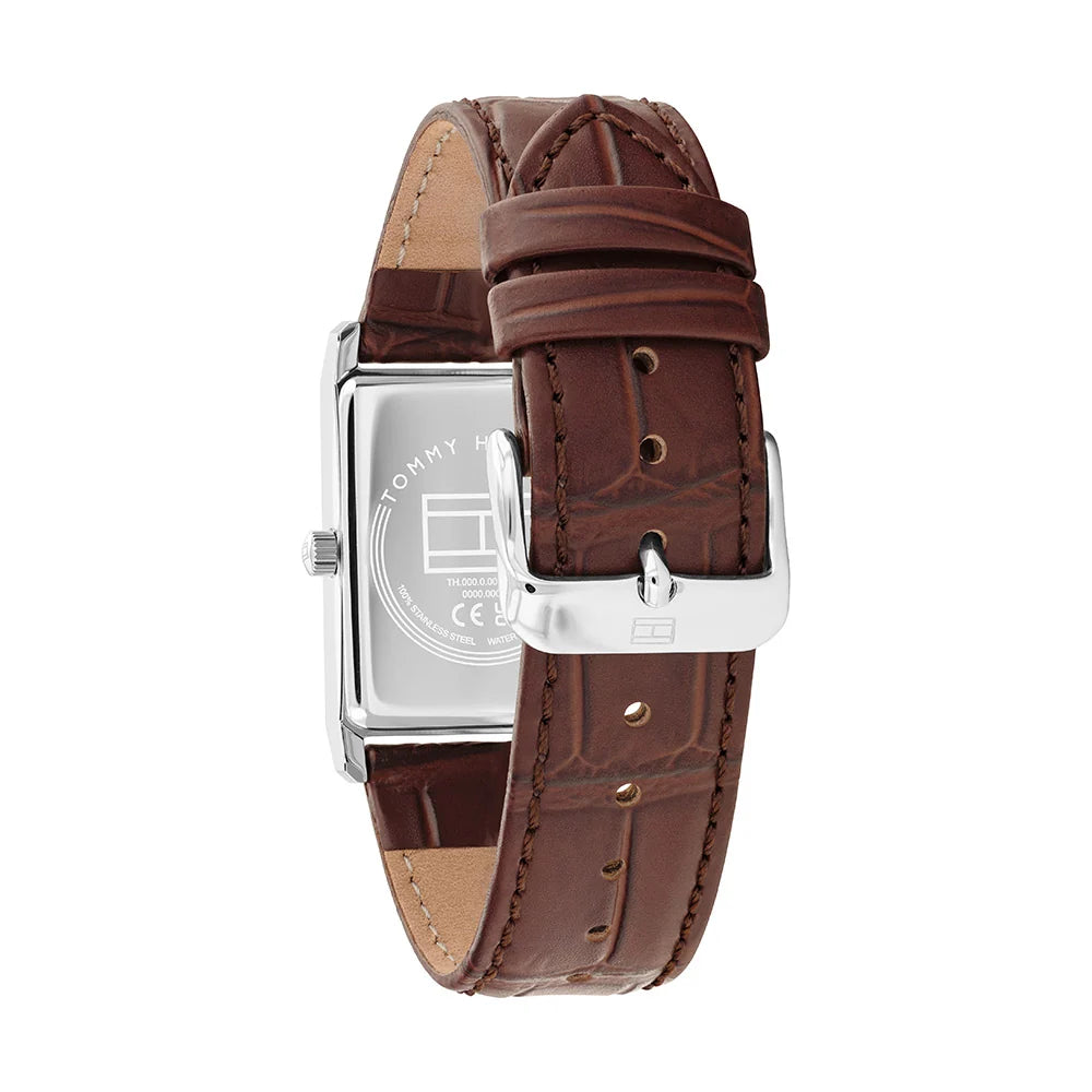 Tommy Hilfiger Rectangular Blue Dial Gents Brown Leather Watch