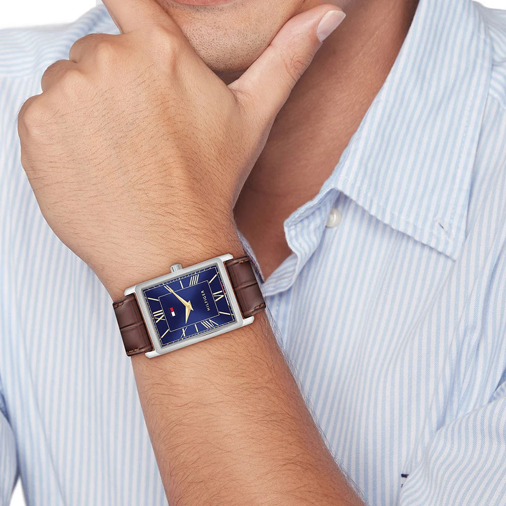 Tommy Hilfiger Rectangular Blue Dial Gents Brown Leather Watch