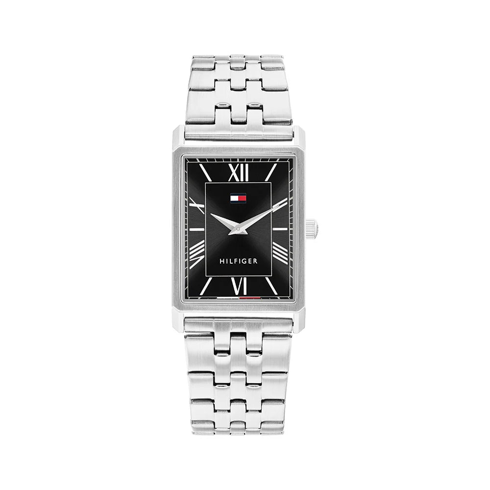 Tommy Hilfiger Rectangular Black Dial Gents Stainless Steel Watch