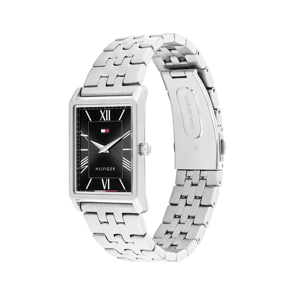 Tommy Hilfiger Rectangular Black Dial Gents Stainless Steel Watch