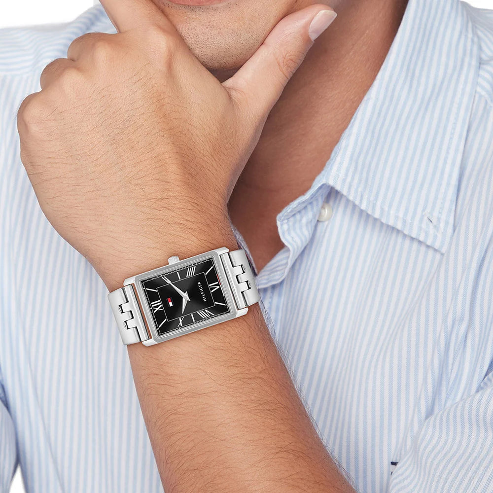 Tommy Hilfiger Rectangular Black Dial Gents Stainless Steel Watch