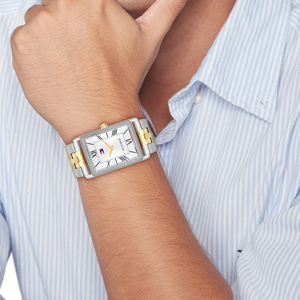 Tommy Hilfiger Rectangular Dial Gents Two-Toned Stainless Steel Watch