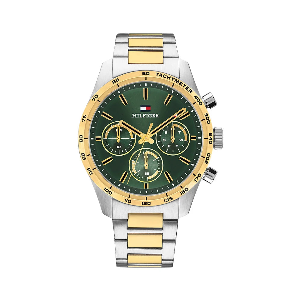 Tommy Hilfiger Green Chronograph Dial Gents Two-Toned Stainless Steel Watch