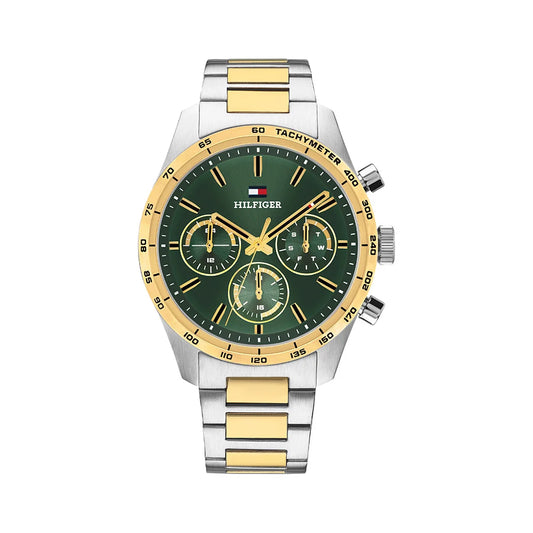 Tommy Hilfiger Green Chronograph Dial Gents Two-Toned Stainless Steel Watch