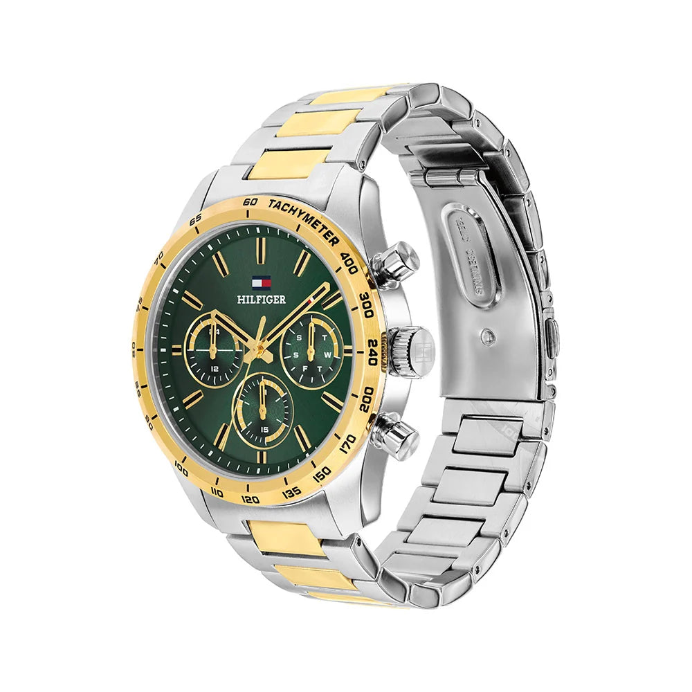 Tommy Hilfiger Green Chronograph Dial Gents Two-Toned Stainless Steel Watch