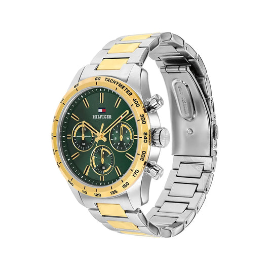 Tommy Hilfiger Green Chronograph Dial Gents Two-Toned Stainless Steel Watch