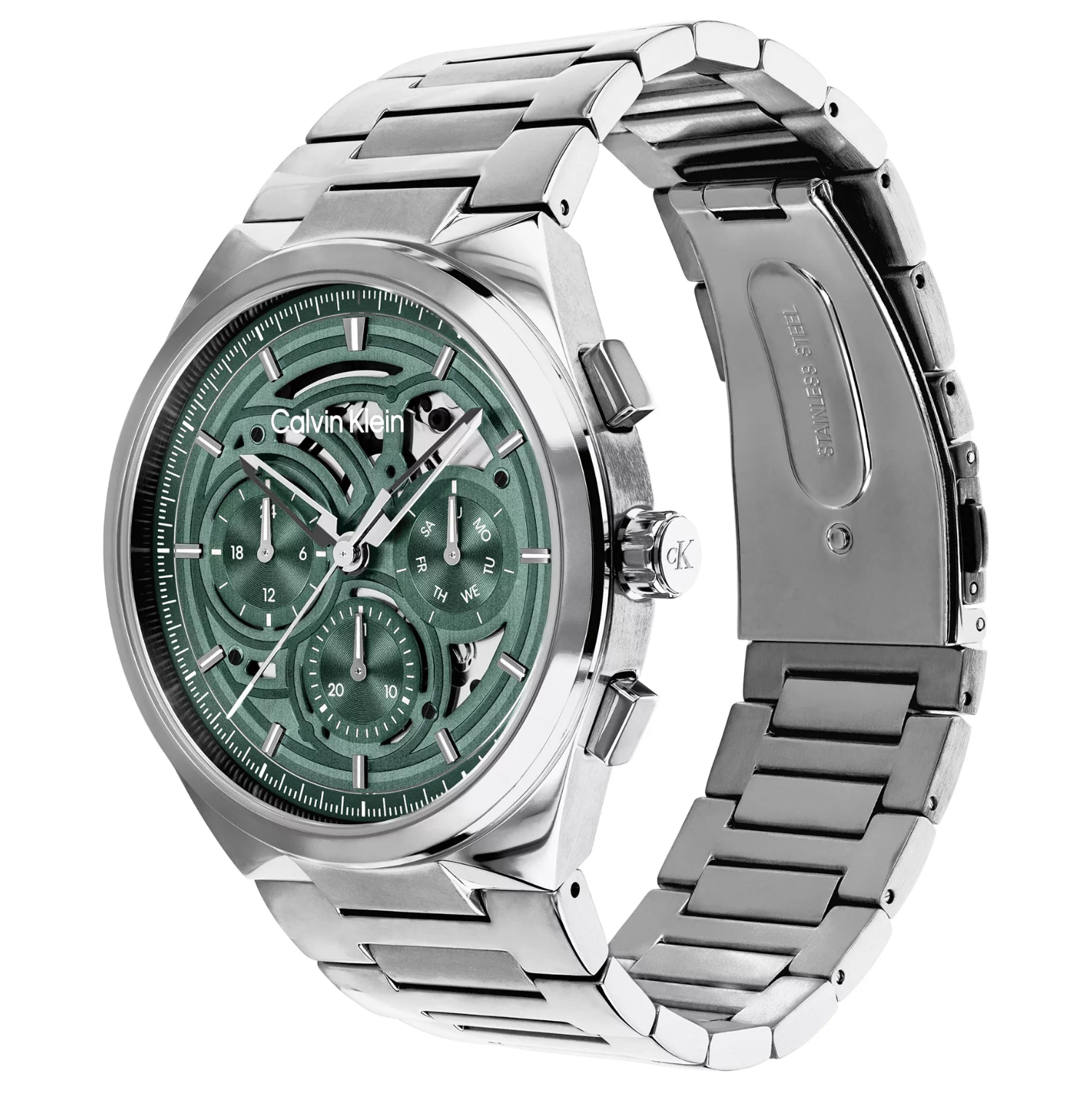 Calvin Klein Distinguish Skeleton Green Dial Gents Stainless Steel Watch