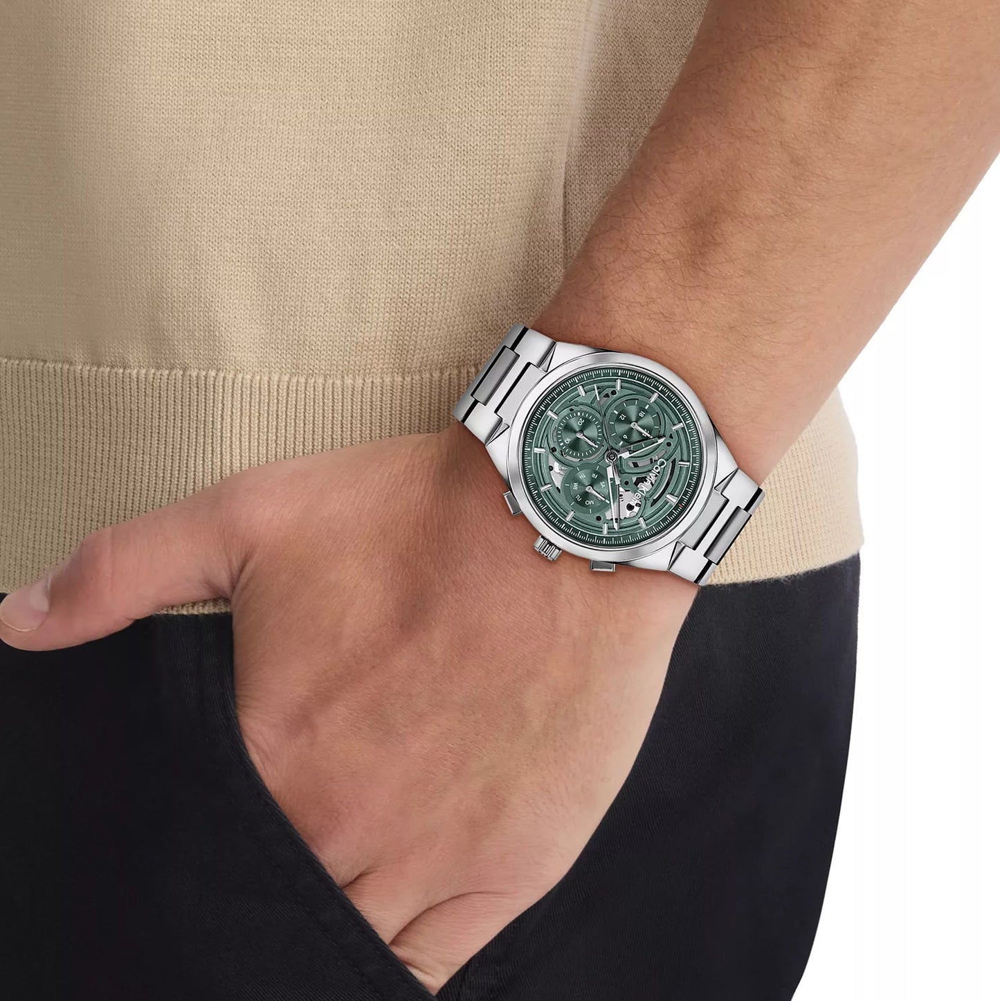 Calvin Klein Distinguish Skeleton Green Dial Gents Stainless Steel Watch