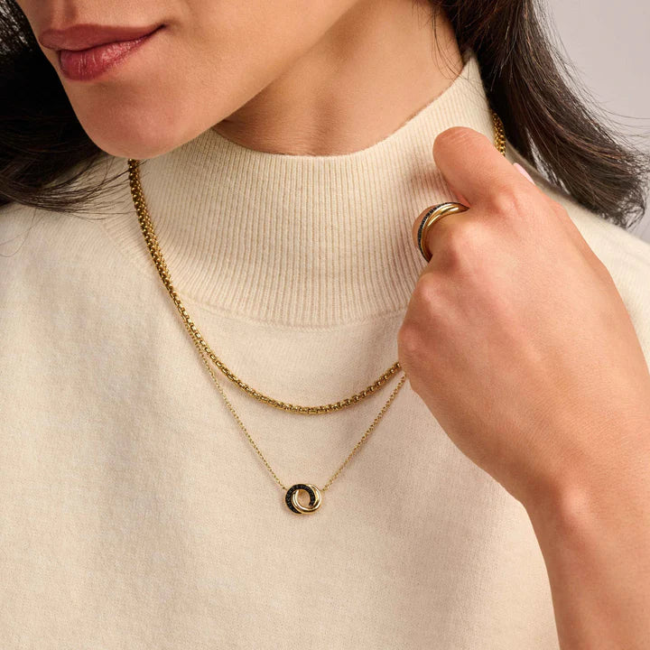 TISENTO BLACK CZ INTERLOCKING RINGS GOLD PENDANT